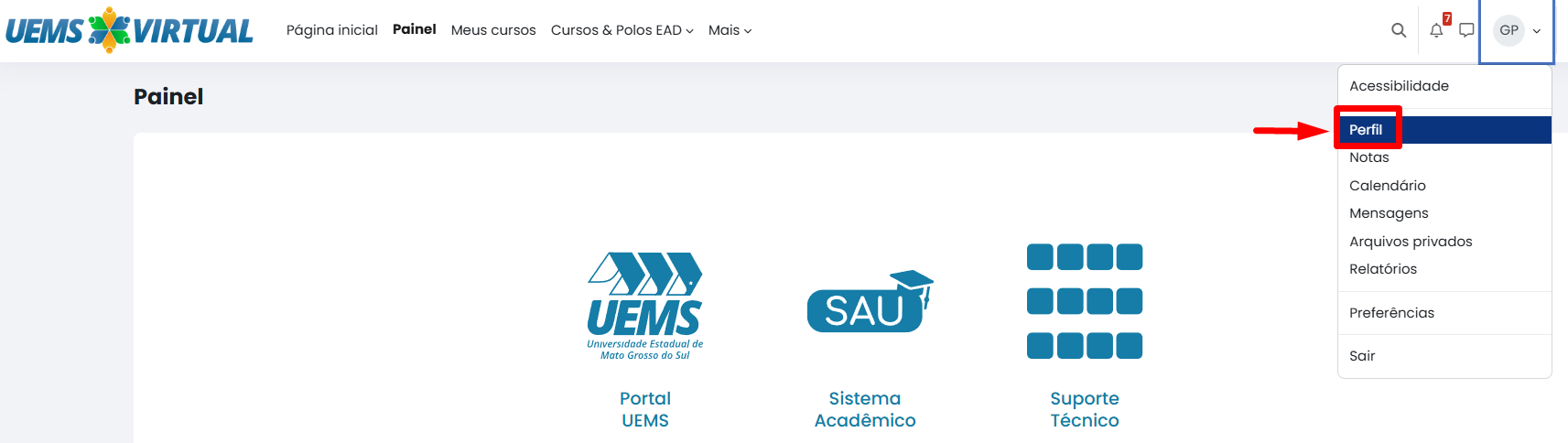 Tela inicial do Moodle