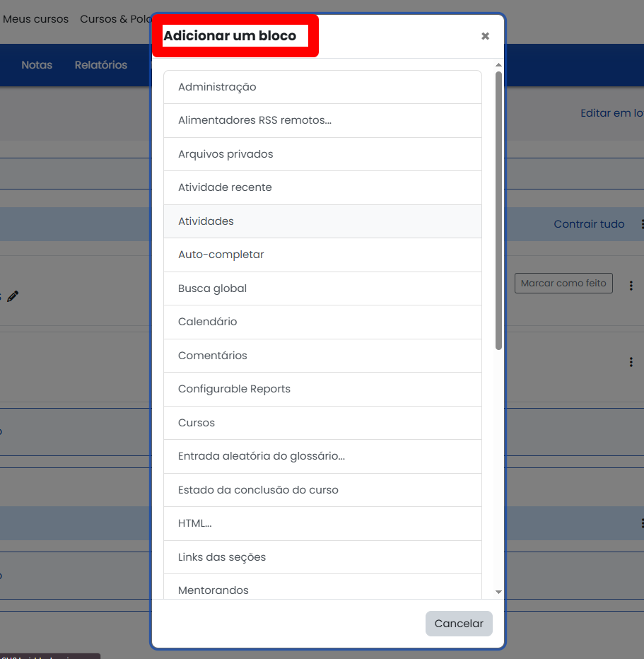 Tela inicial do Moodle