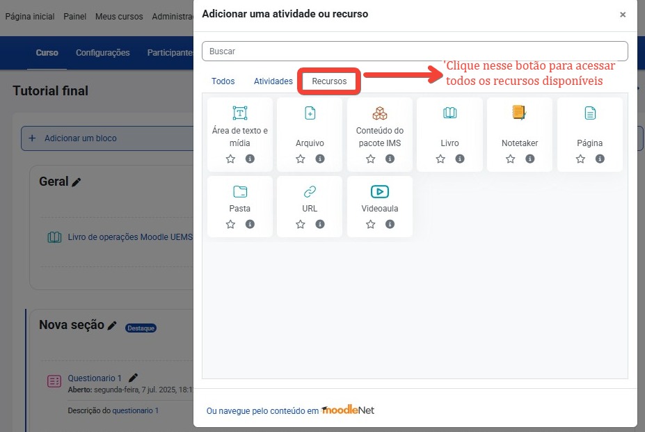 Tela inicial do Moodle