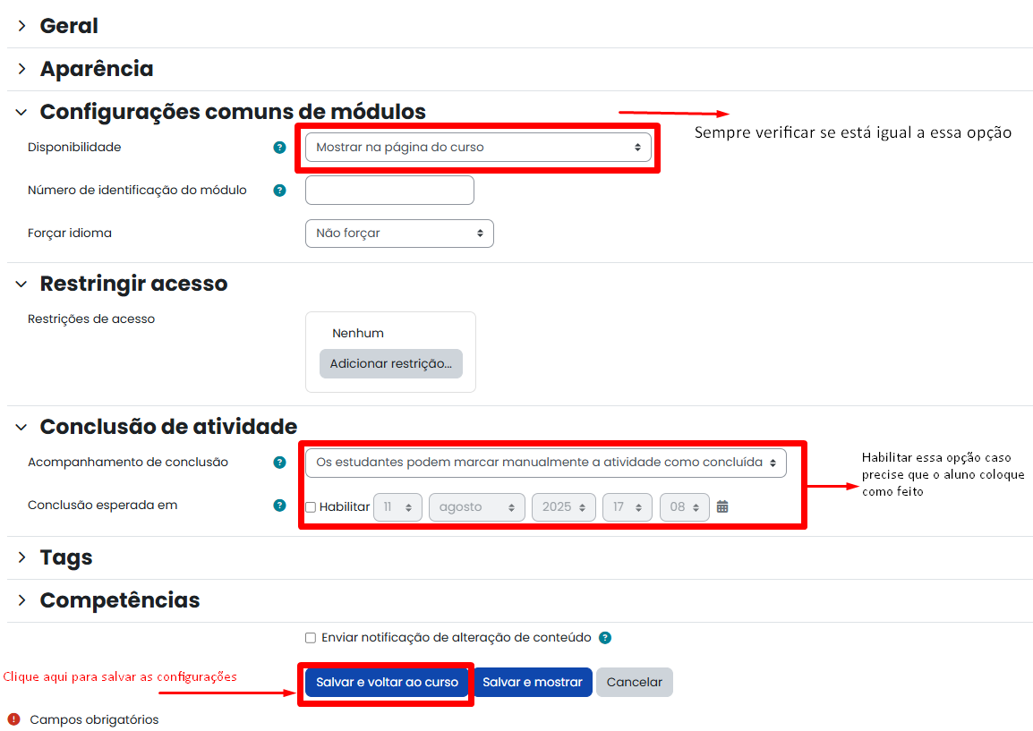 Tela inicial do Moodle