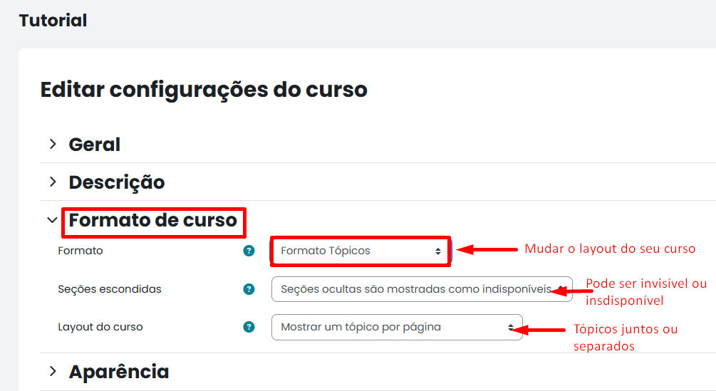 Tela inicial do Moodle