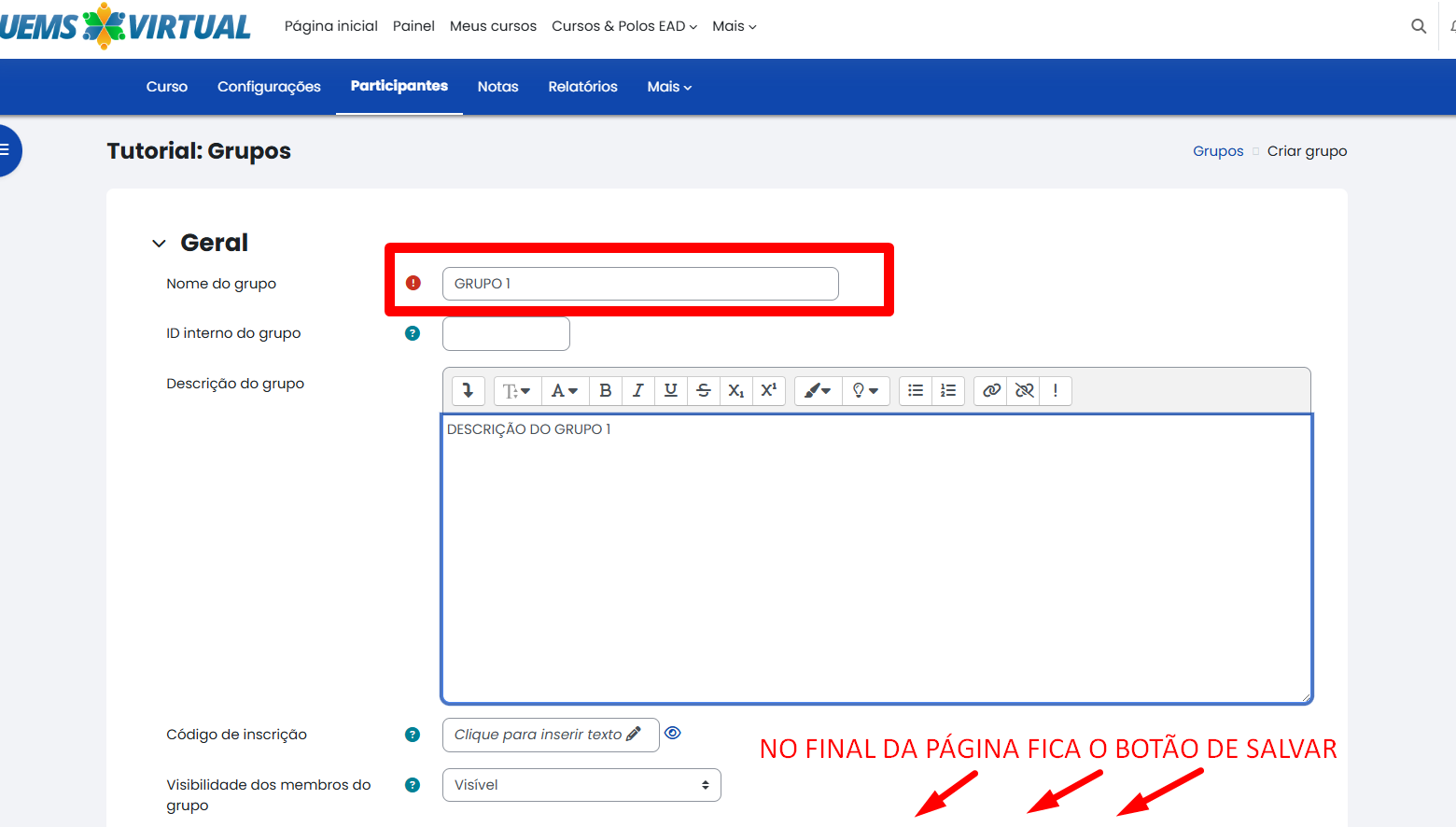 Tela inicial do Moodle