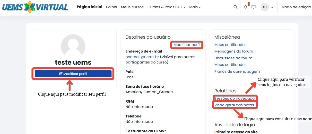 Tela inicial do Moodle