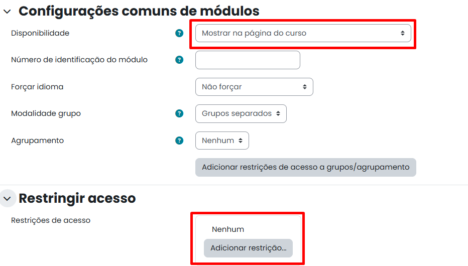 Tela inicial do Moodle