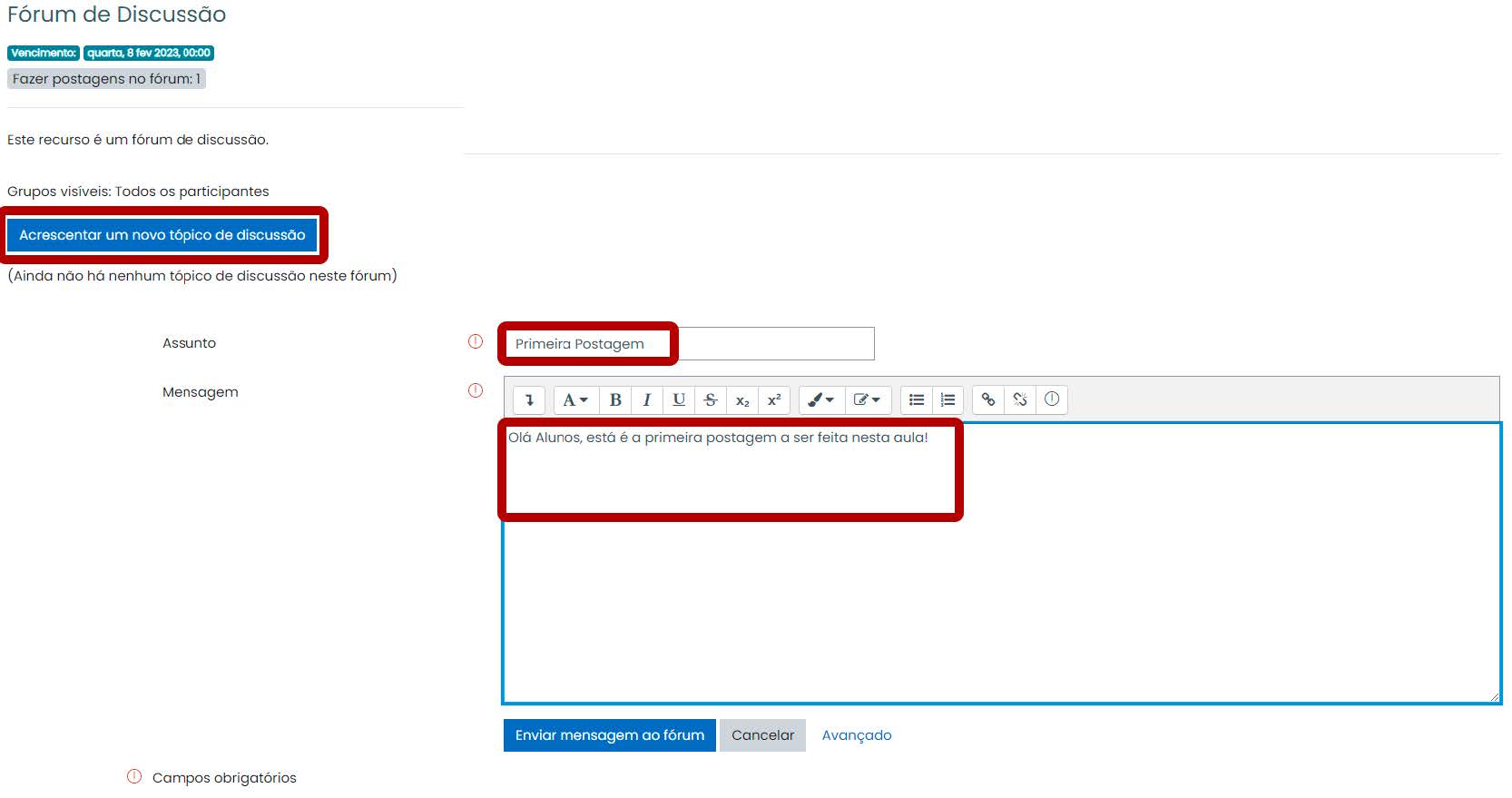 Tela inicial do Moodle
