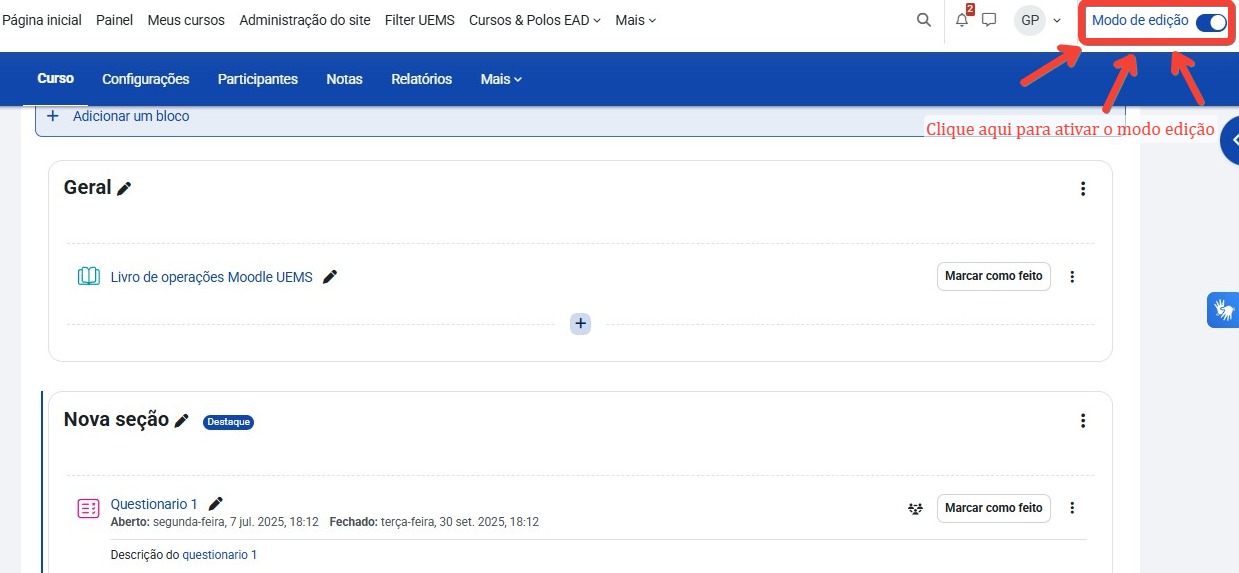 Tela inicial do Moodle