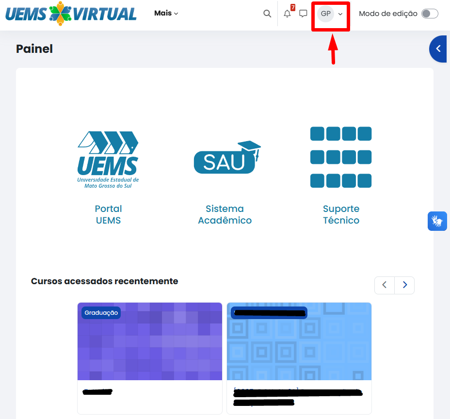 Tela inicial do Moodle