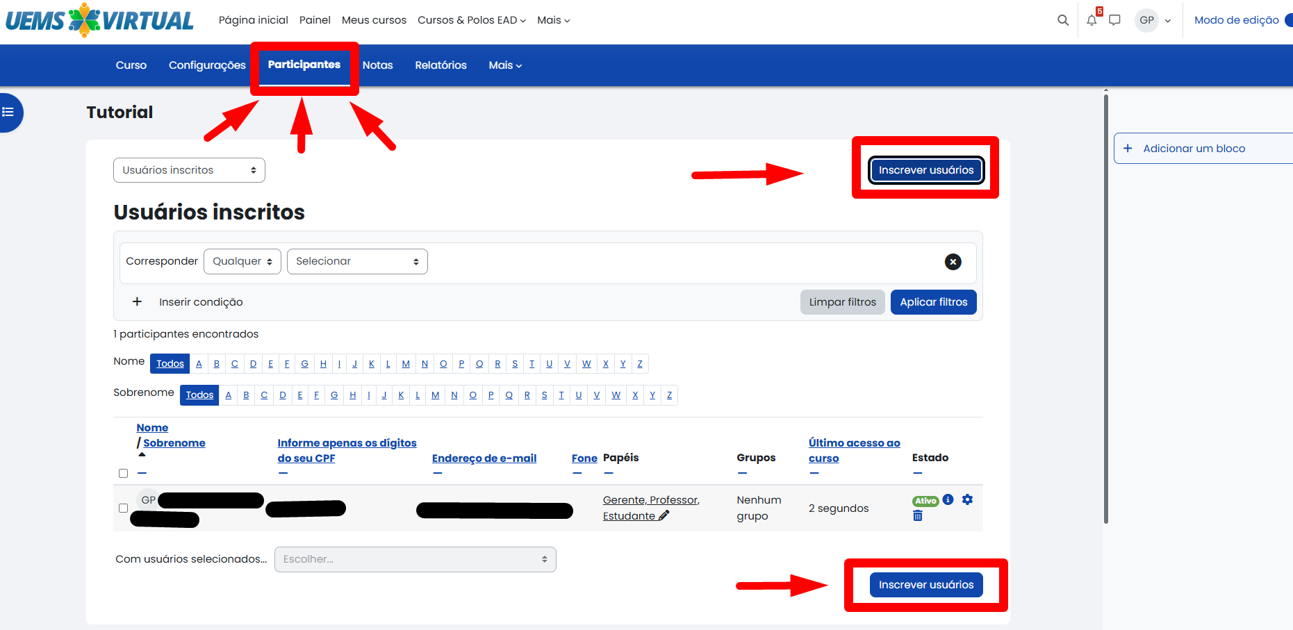 Tela inicial do Moodle