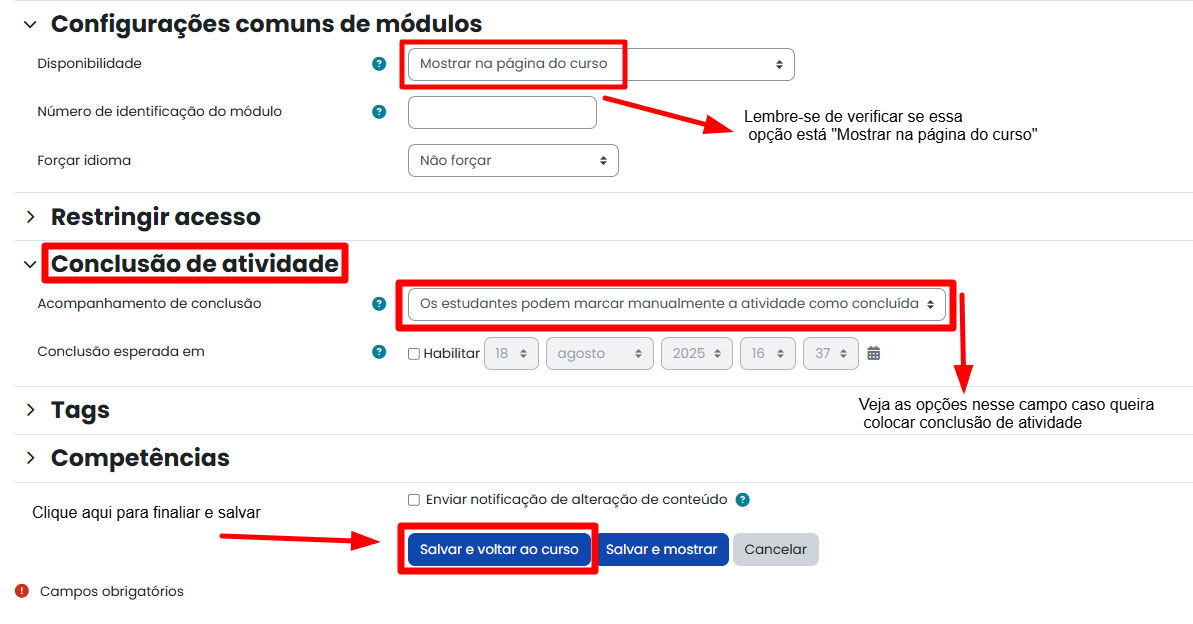 Tela inicial do Moodle