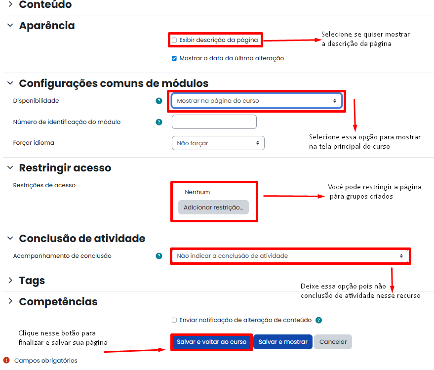 Tela inicial do Moodle