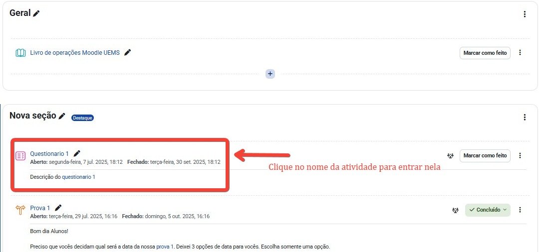 Tela inicial do Moodle