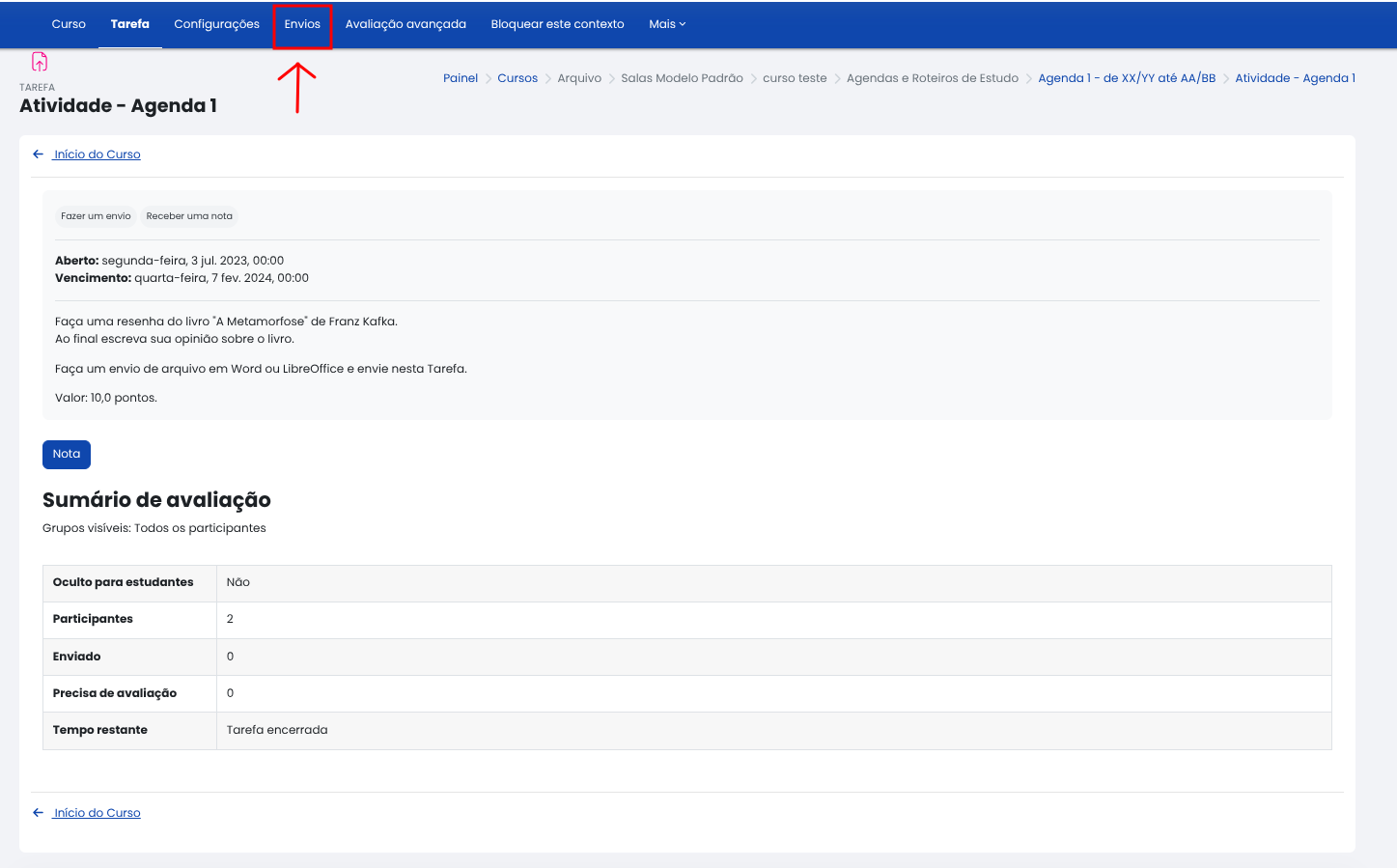 Tela inicial do Moodle