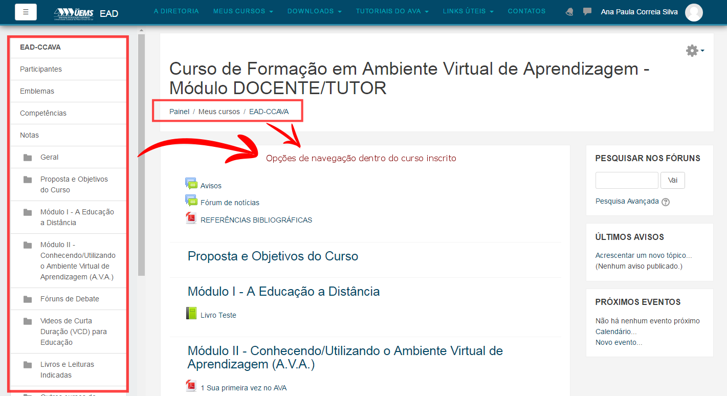 Página inicial do curso selecionado