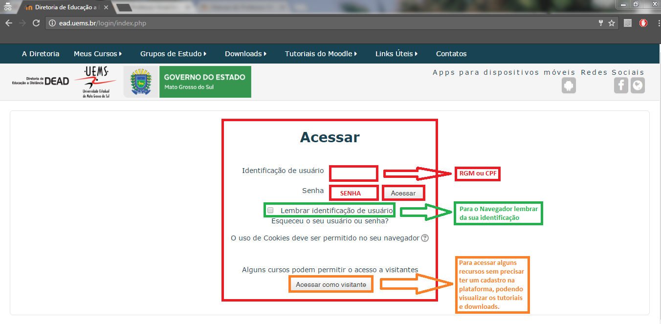 Tela de acesso da plataforma AVA