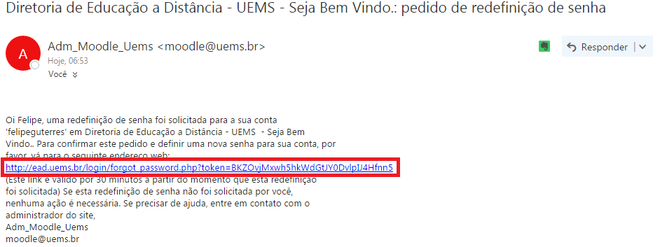 link para recuperação da senha